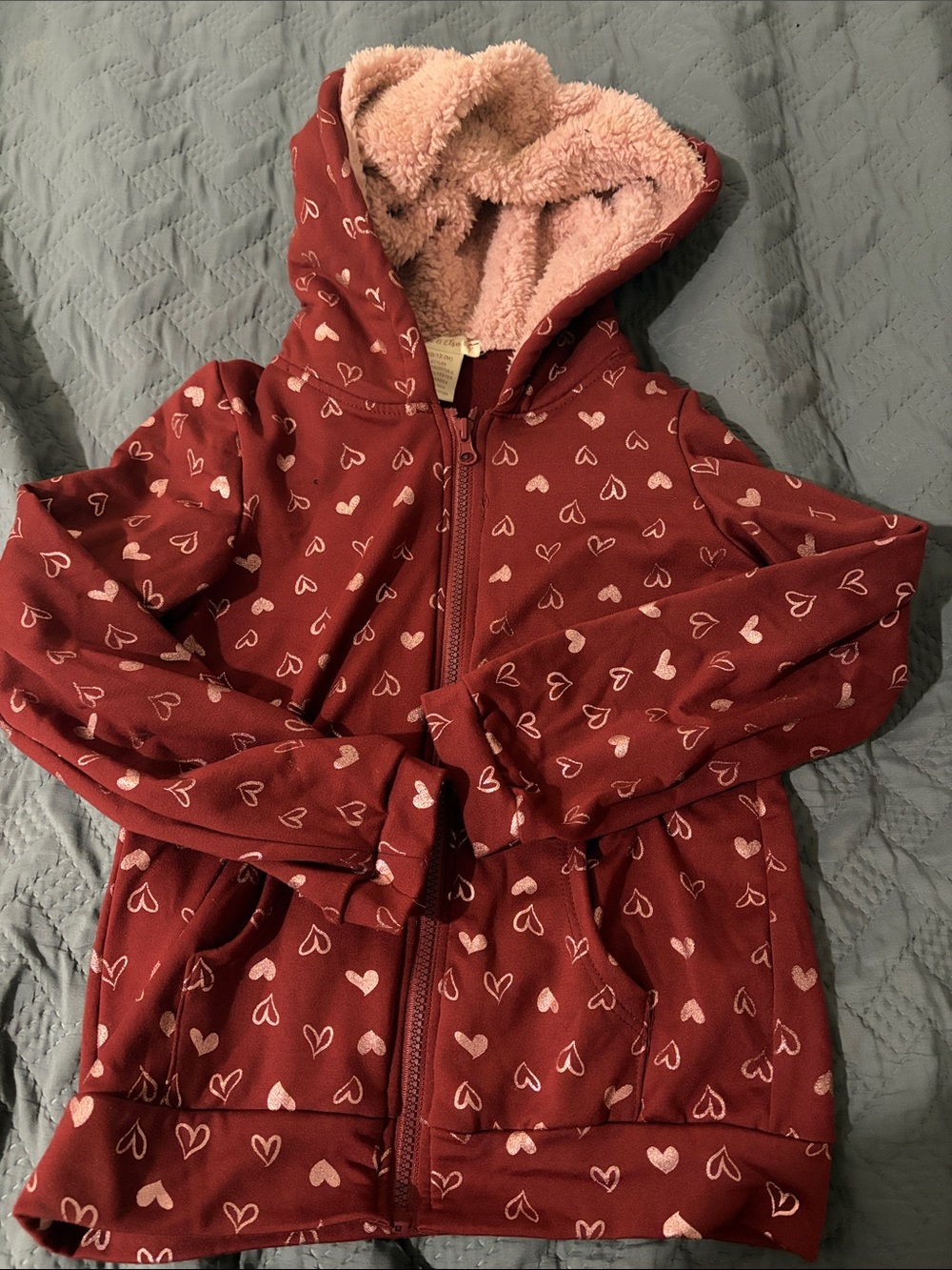 Kids Hooded Heart-Print Zip Jacket - Burgundy with Pink Lining